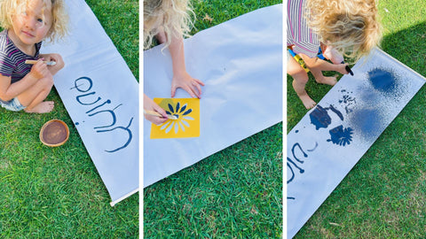 pictures of a little boy spraying and using stencil on magic water scroll