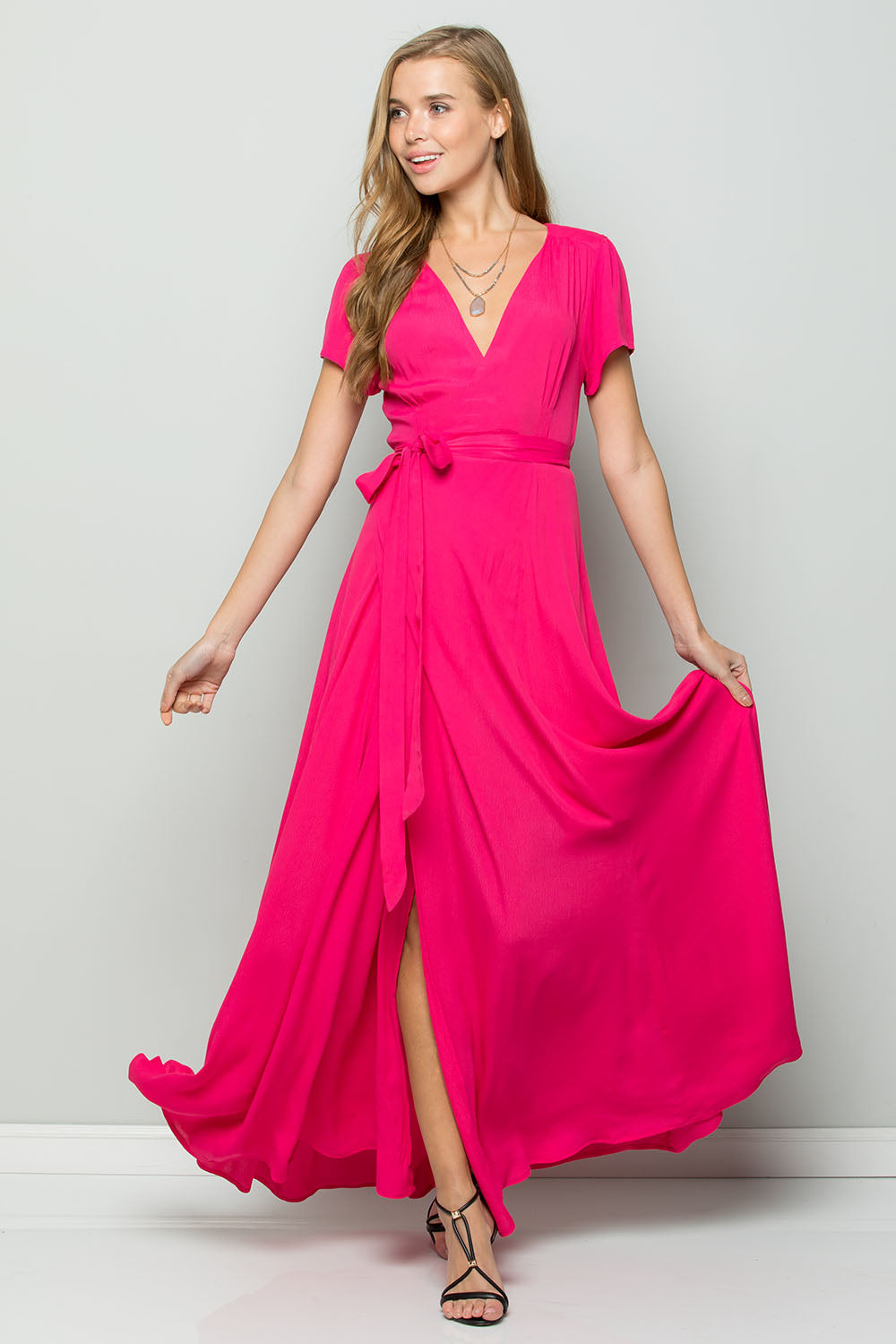 pink flowy dress with sleeves