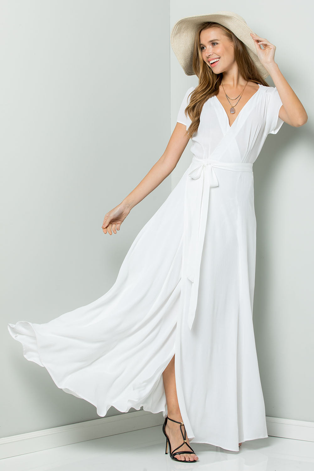 Crape Flowy Maxi Wrap Dress-WHITE 