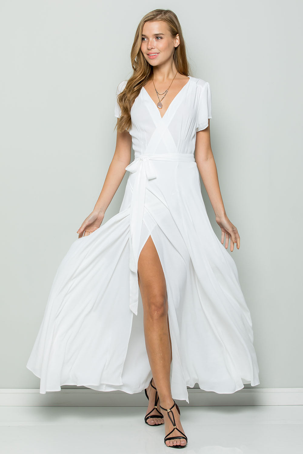 Crape Flowy Maxi Wrap Dress-WHITE 