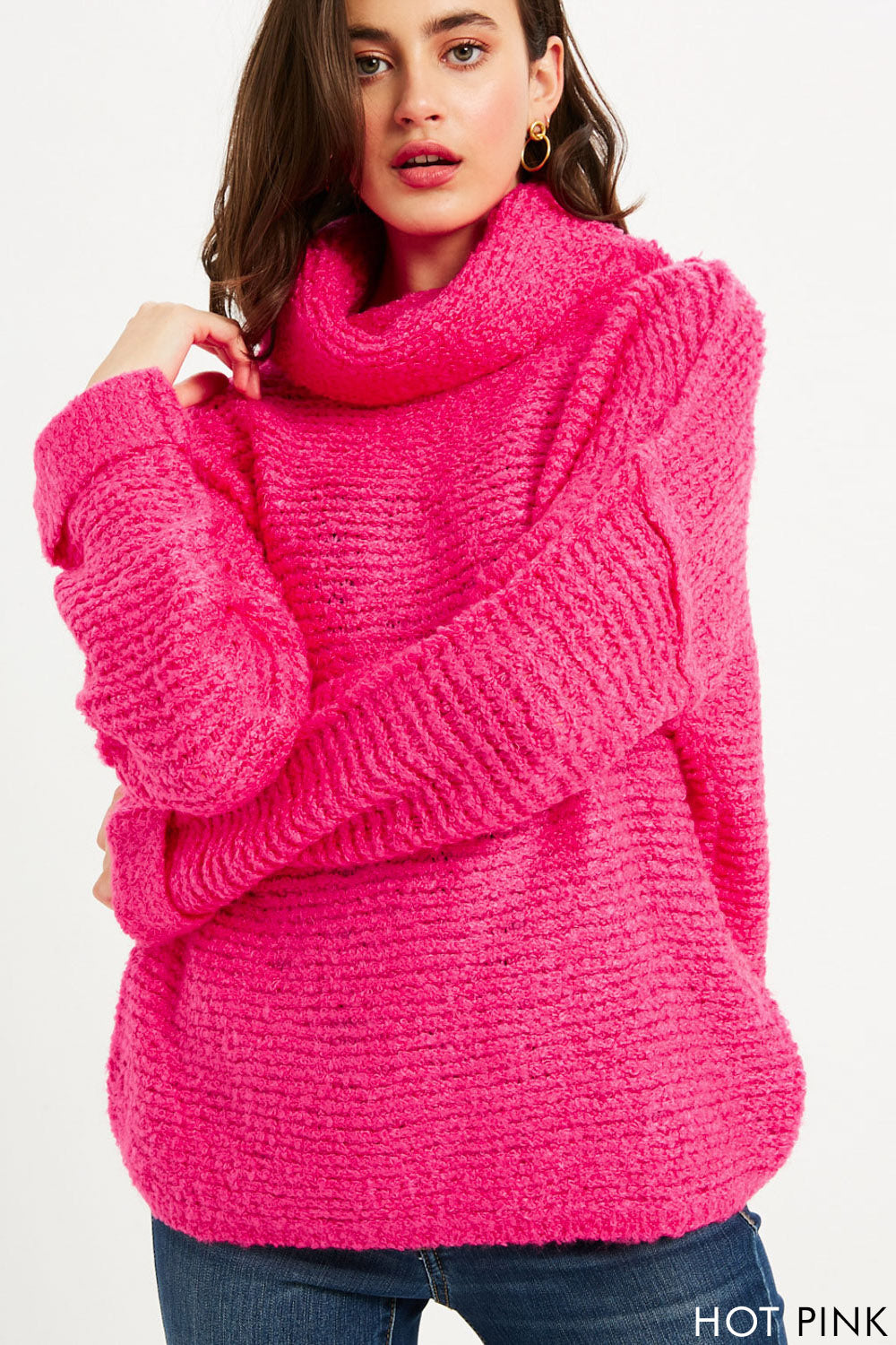 hot pink cowl neck sweater