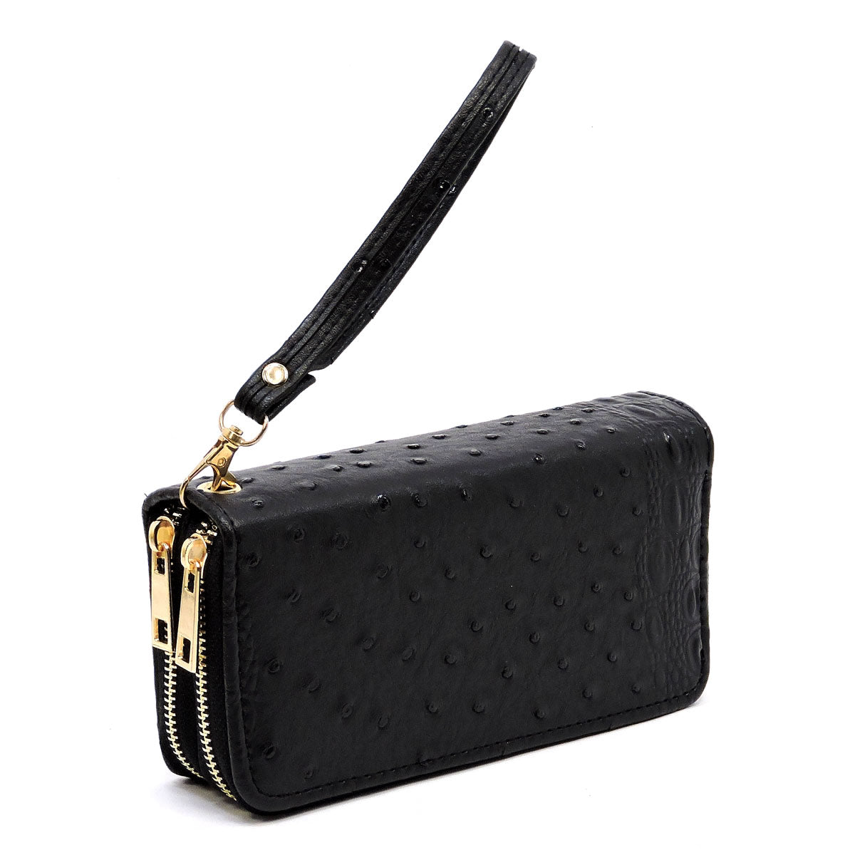 Ostrich Double Zip Around Wristlet Wallet Black – Ace Trading Co.