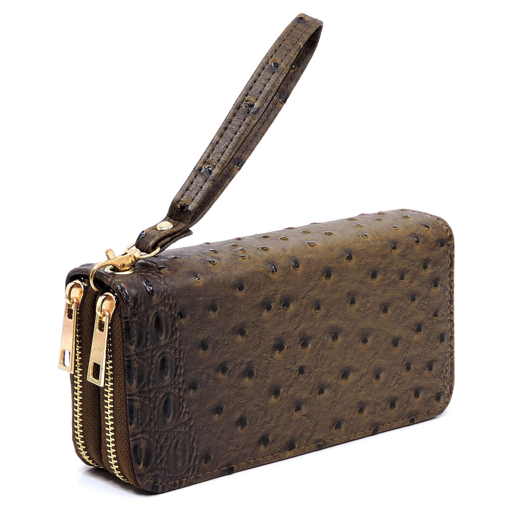 Ostrich Double Zip Around Wristlet Wallet Coffee – Ace Trading Co.