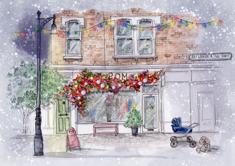 A hand illustrated Christmas Card design featuring the Storefront of POM London, Wandsworth Common, designed by Erin Rose Illustration