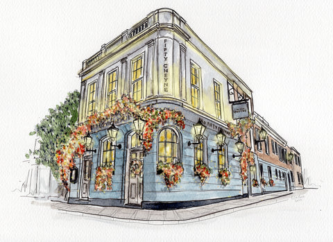 Hand painted illustration of 50 Cheyne Restaurant in Chelsea, London, by Erin Rose Illustration