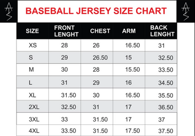 Jersey Size Chart Baseball