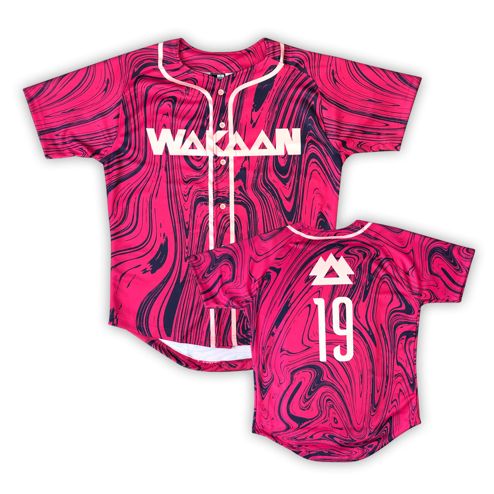 pink and blue baseball jersey