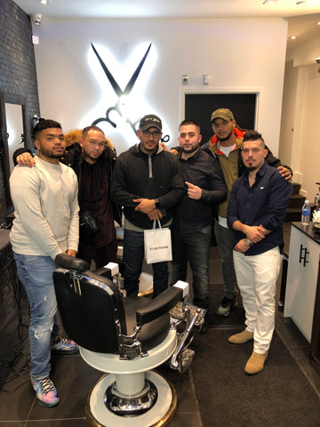 Chris Bossio and Tomb 45 team in Toronto, Canada with Claudio the barber and Buck the barber at Fade Room Barbershop with the Ferreira Signature Line products