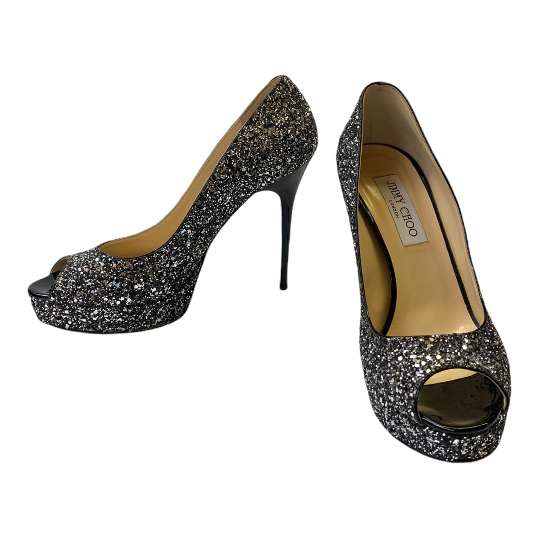 JIMMY CHOO Silver/Black Coarse Glitter Crown Peep Toe Platform