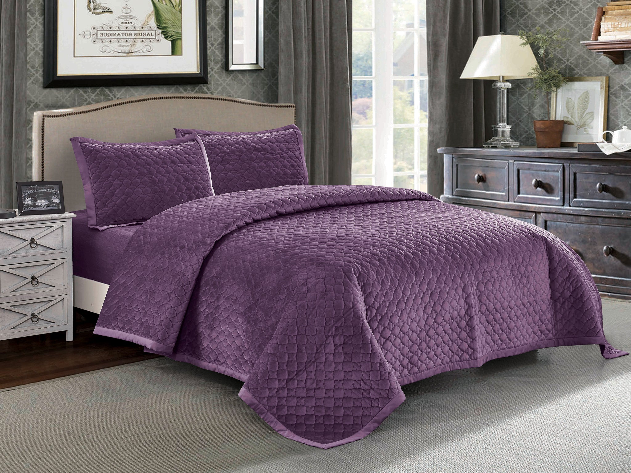 Tiberius Velvet Quilt Set In Regal Purple Wonderhome