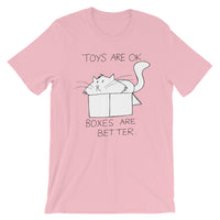 CHUM THE CAT "BOXES ARE BETTER" Hand drawn design. Short-Sleeve Unisex T-Shirt