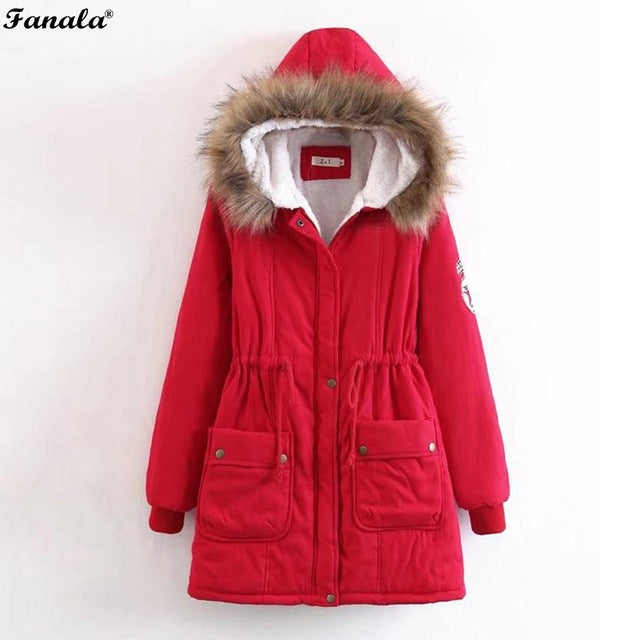 red winter coat with fur hood