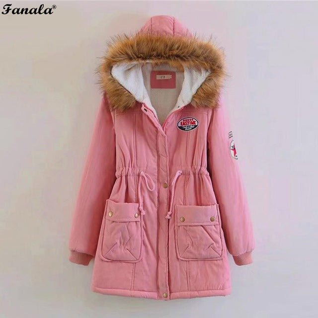 pink winter coat with fur hood