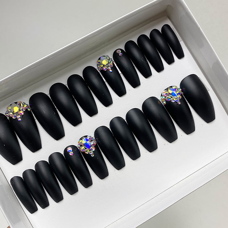 Black Matte Coffin Nails with Rhinestones | The Nailest