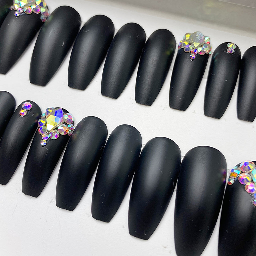 Black Matte Coffin Nails with Rhinestones | The Nailest