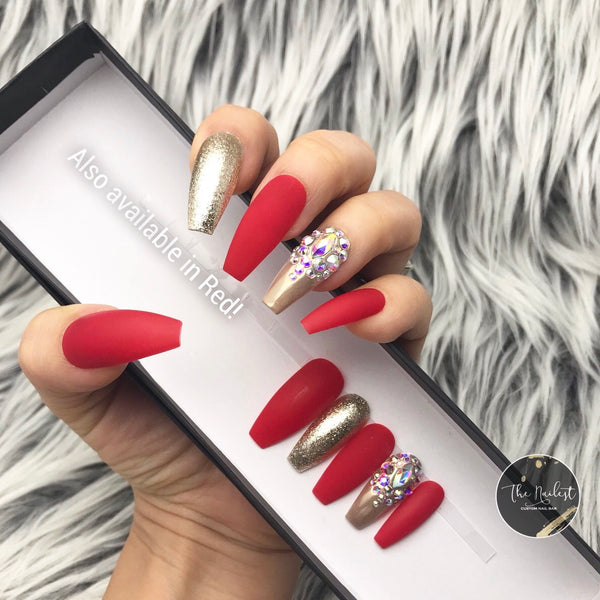 Handmade Red and Gold Matte Nails with Rhinestones