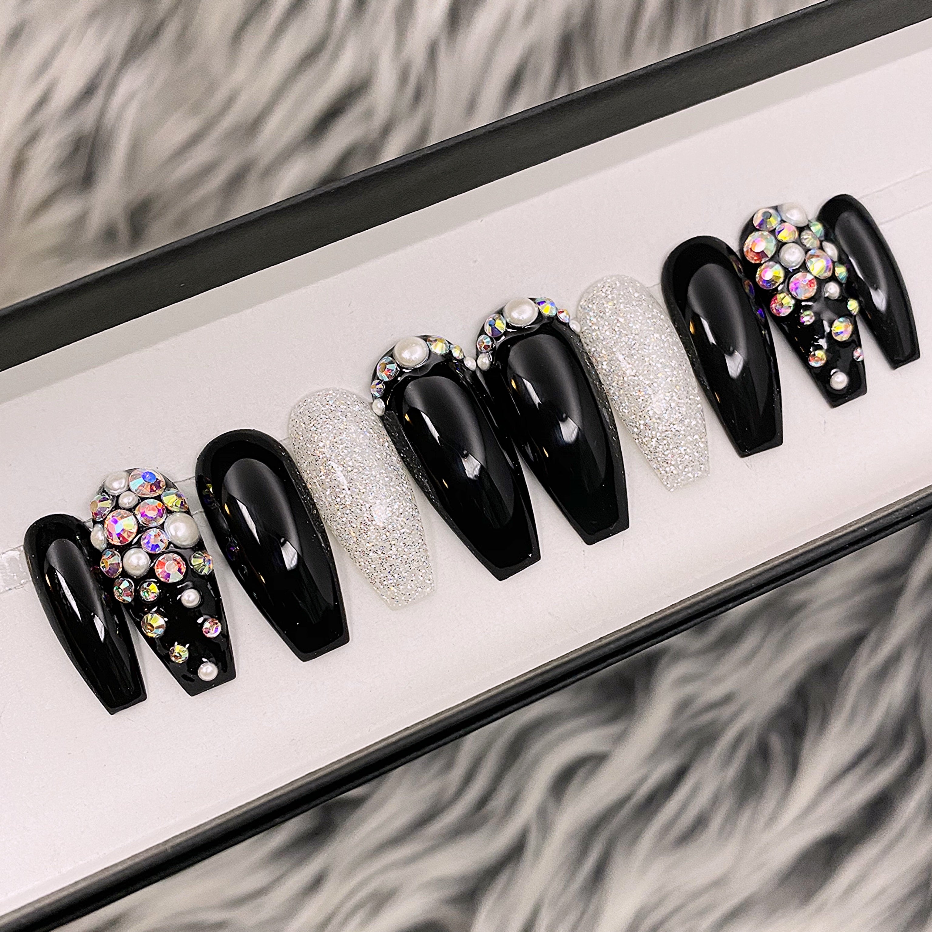 Black Bling Nails | Black and Pearl Nails | The Nailest