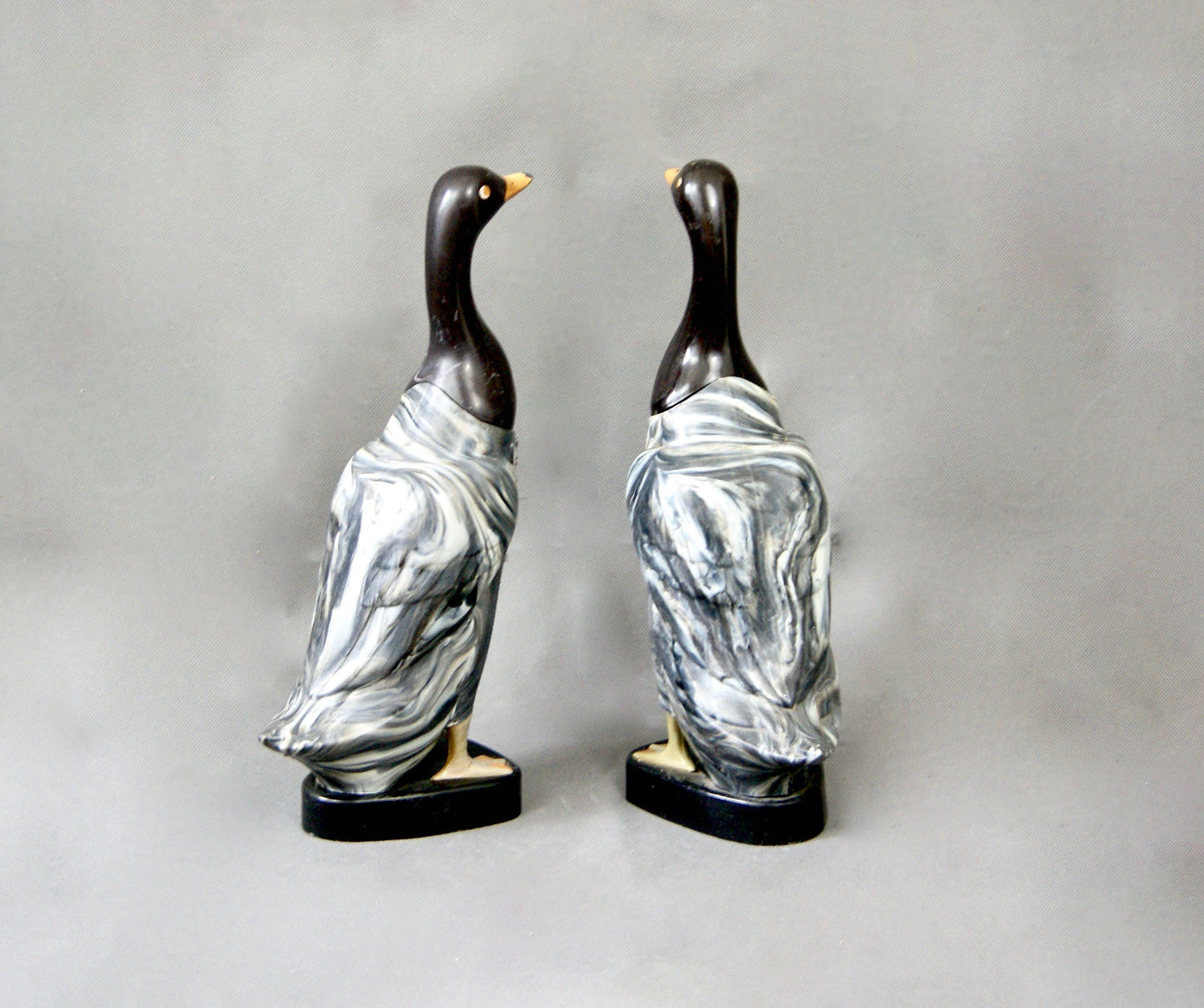 Set of 2 1950s Marble Grey Duck Figurine Brushes, Hair Filled Fabric Clothes Brush