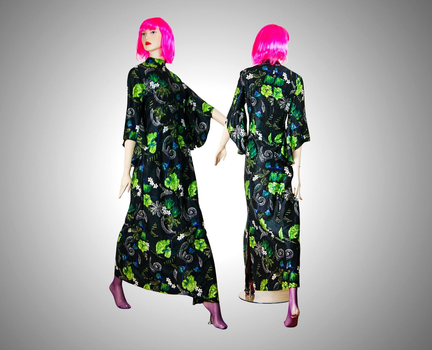 Vintage 60s/70s Floral Silk Jersey Maxi Dress, 1960s Floral Pixie Slee –  Vintage Design Paradise