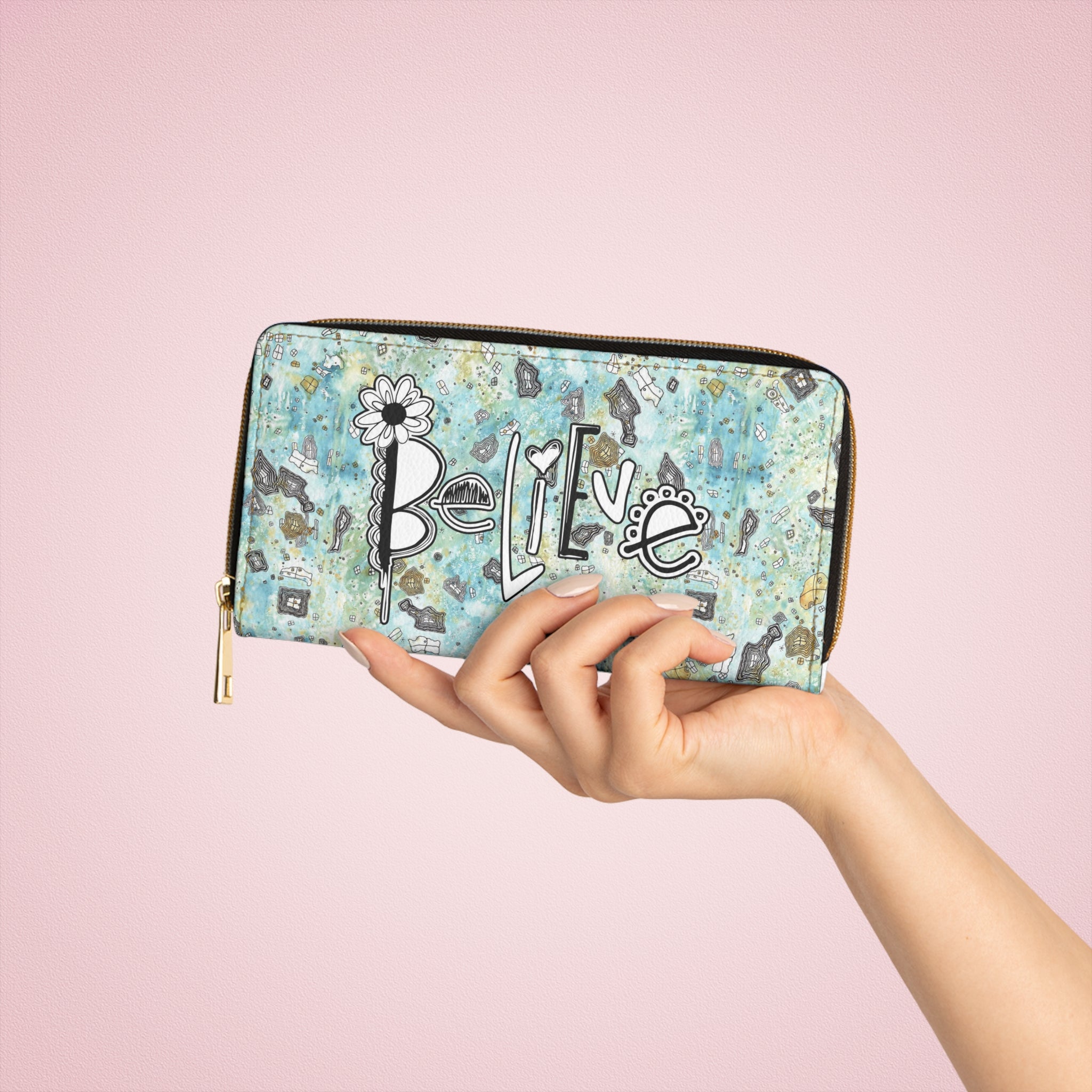 Original "Believe" with Surreal Sky Artwork on Zipper Wallet