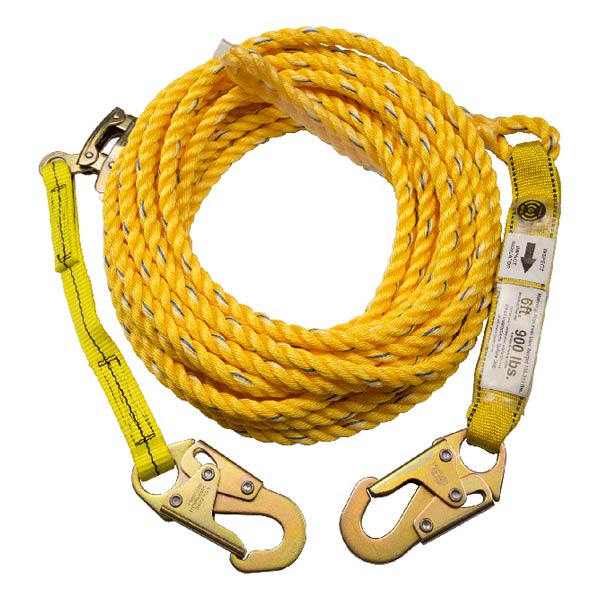 FallTech 81505 Vertical Lifeline, Rope - 5/8 Premium Polyester Rope with 1  Snap Hook and Braid-End, 150', White/Blue