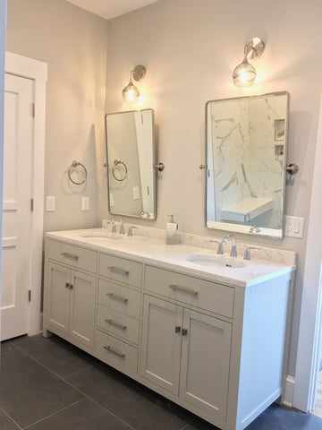 Bicycle Glass Swell 763 Wall Sconces in Gray with Brushed Nickel Hardware, bathroom lights over mirror and two sink vanity 