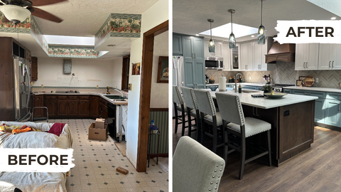 side by side before and after photo of a 1980s kitchen and a modern timeless kitchen with large island