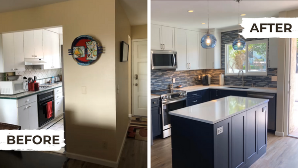 before and after collage of small kitchen in home, outdated kitchen with wall on the left, updated kitchen with an island and no wall on the right
