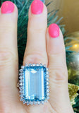 Vintage Large Estate 14k White Gold 26ct Aquamarine Diamond Halo Cocktail Ring
