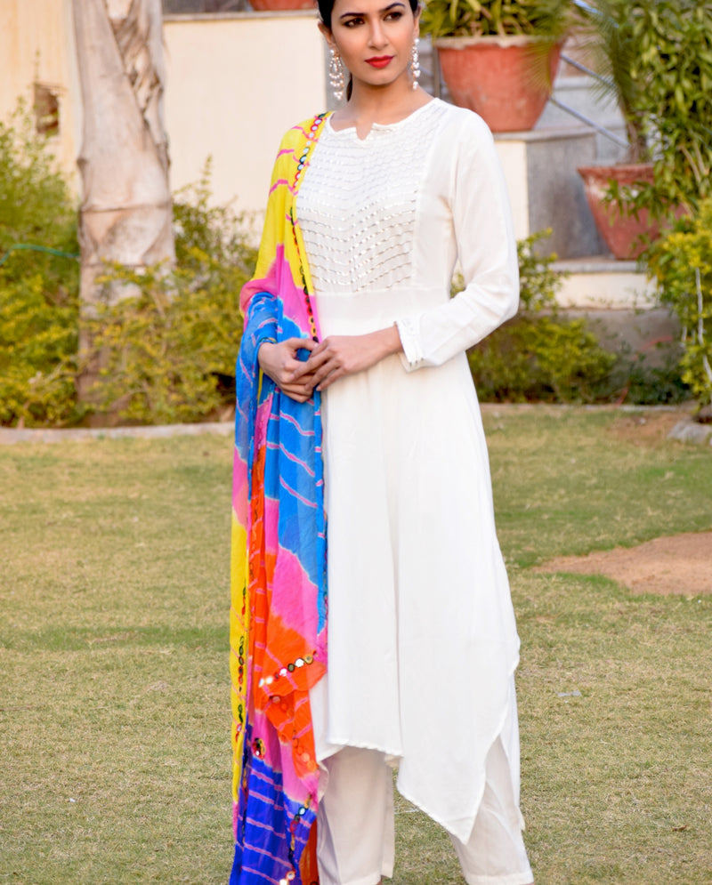 white dress with colourful dupatta