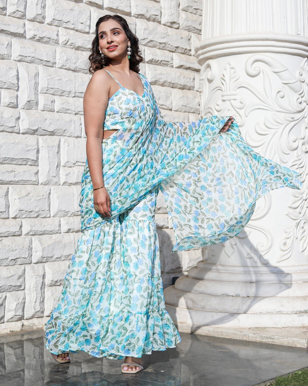 Arpita Mehta - The hydrangea print ruffle saree with thread and mirror  embroidered blouse. . . #ArpitaMehta #PartyStarter #AMClassic #Designer  #WomensWear #Prints #Floral #Fashion #Luxe | Facebook