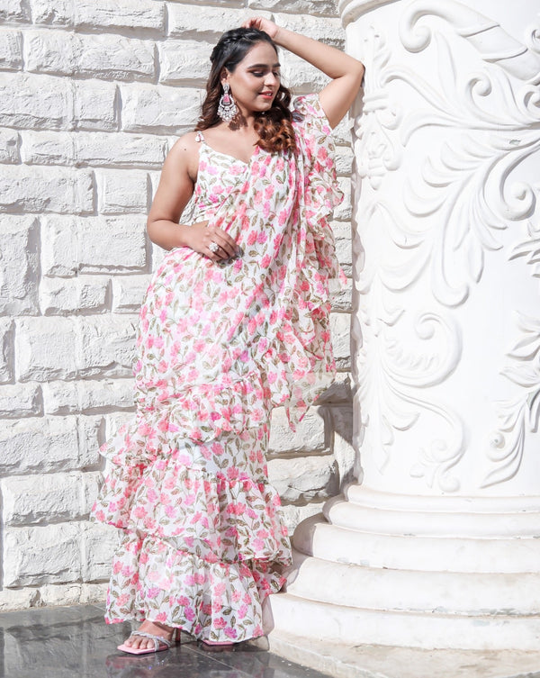 Green Floral Printed Ruffle Saree – Inddus.com