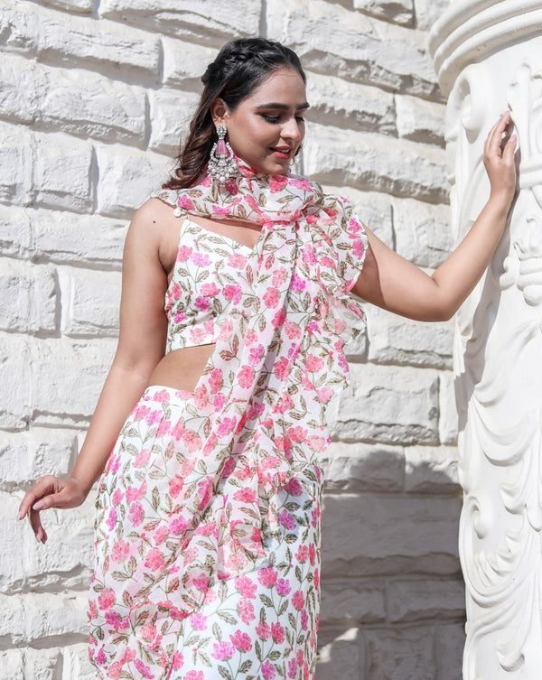 Reddish-Pink Floral Printed Ruffled Saree Set Design by Neha Chopra Tandon  at Pernia's Pop Up Shop 2024