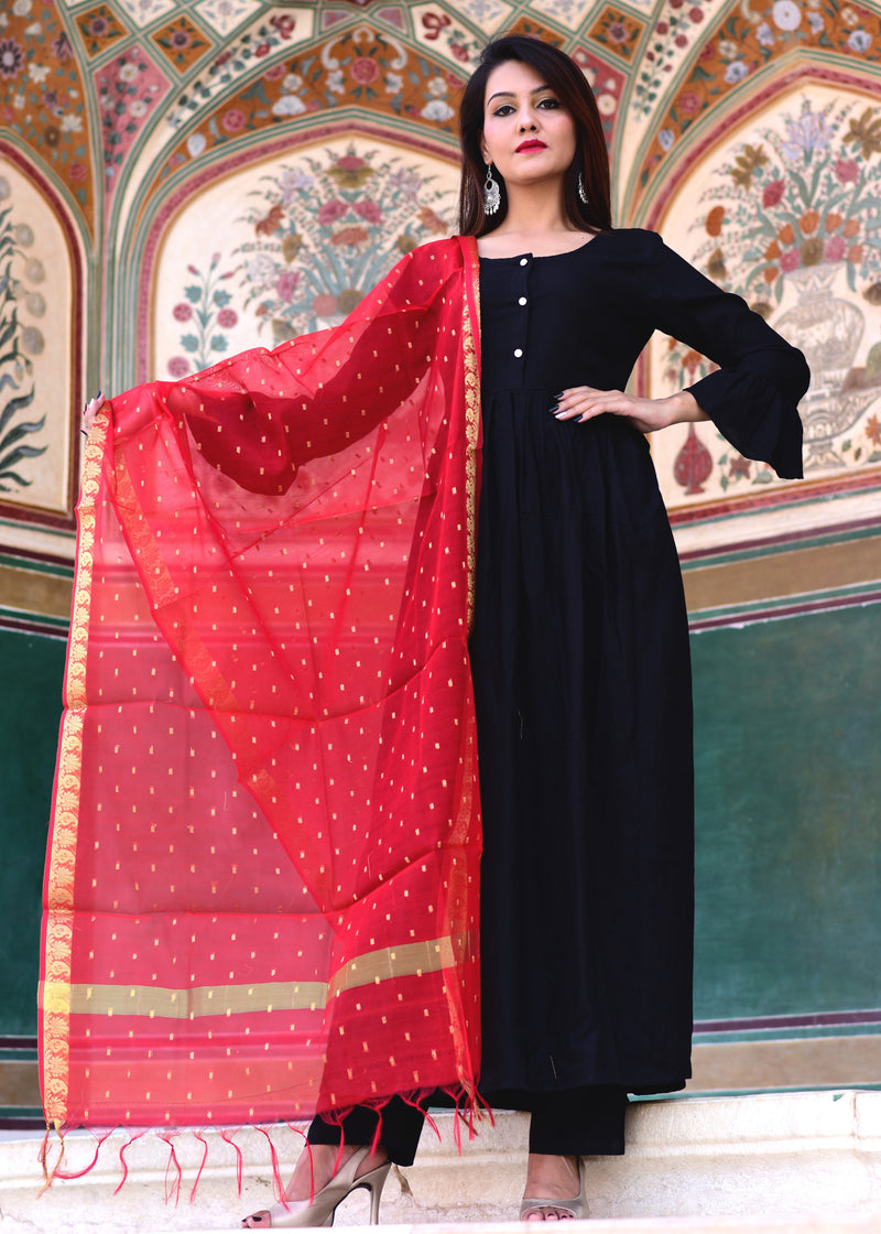 black suit with red dupatta