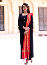 Black Suit Set With Banarasi Red Dupatta Thread Button