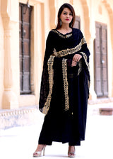 black dress with golden dupatta