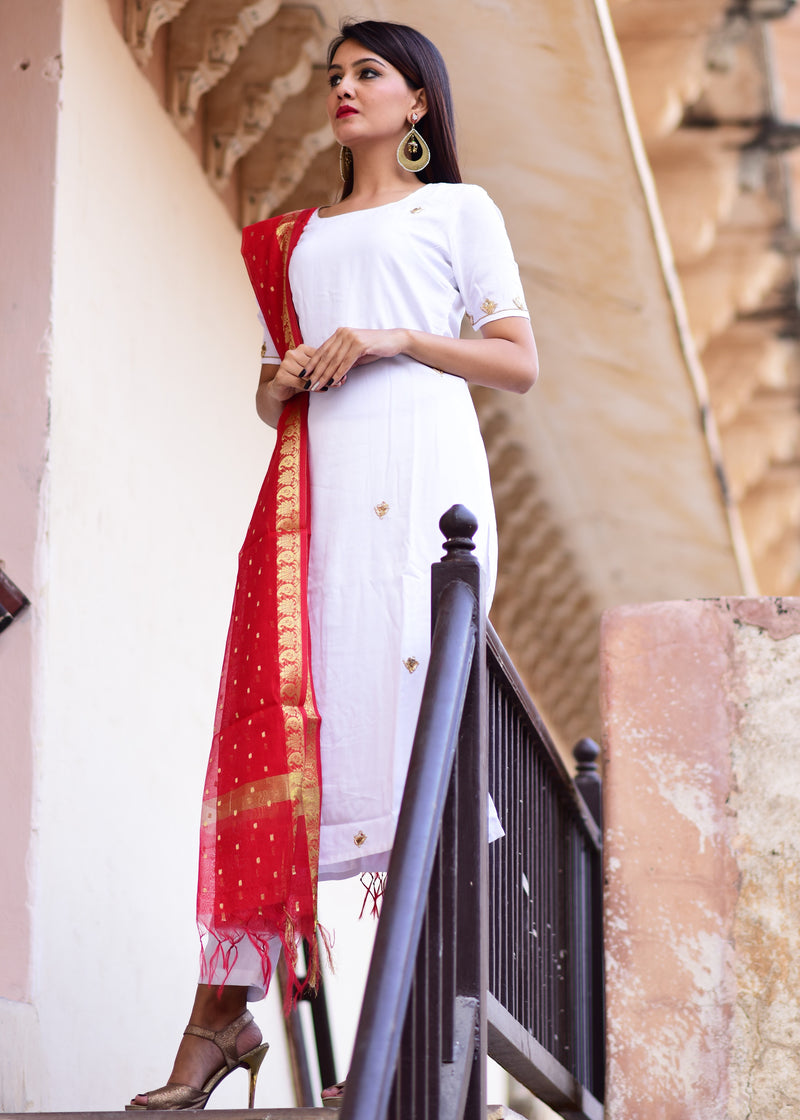 white dress and red dupatta