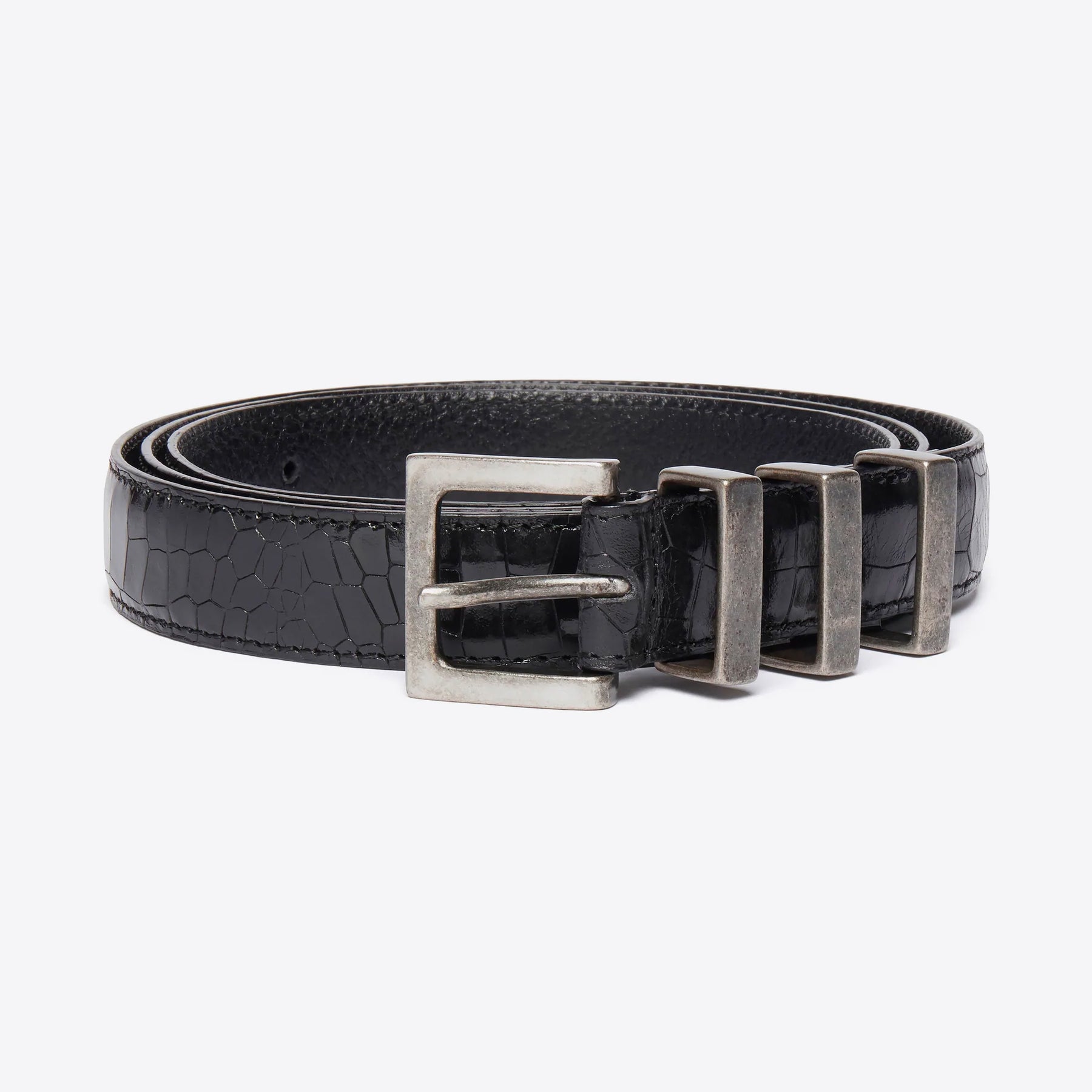 thoughtful gift ideas for him. Black croc leather belt with oxidized silver hardware