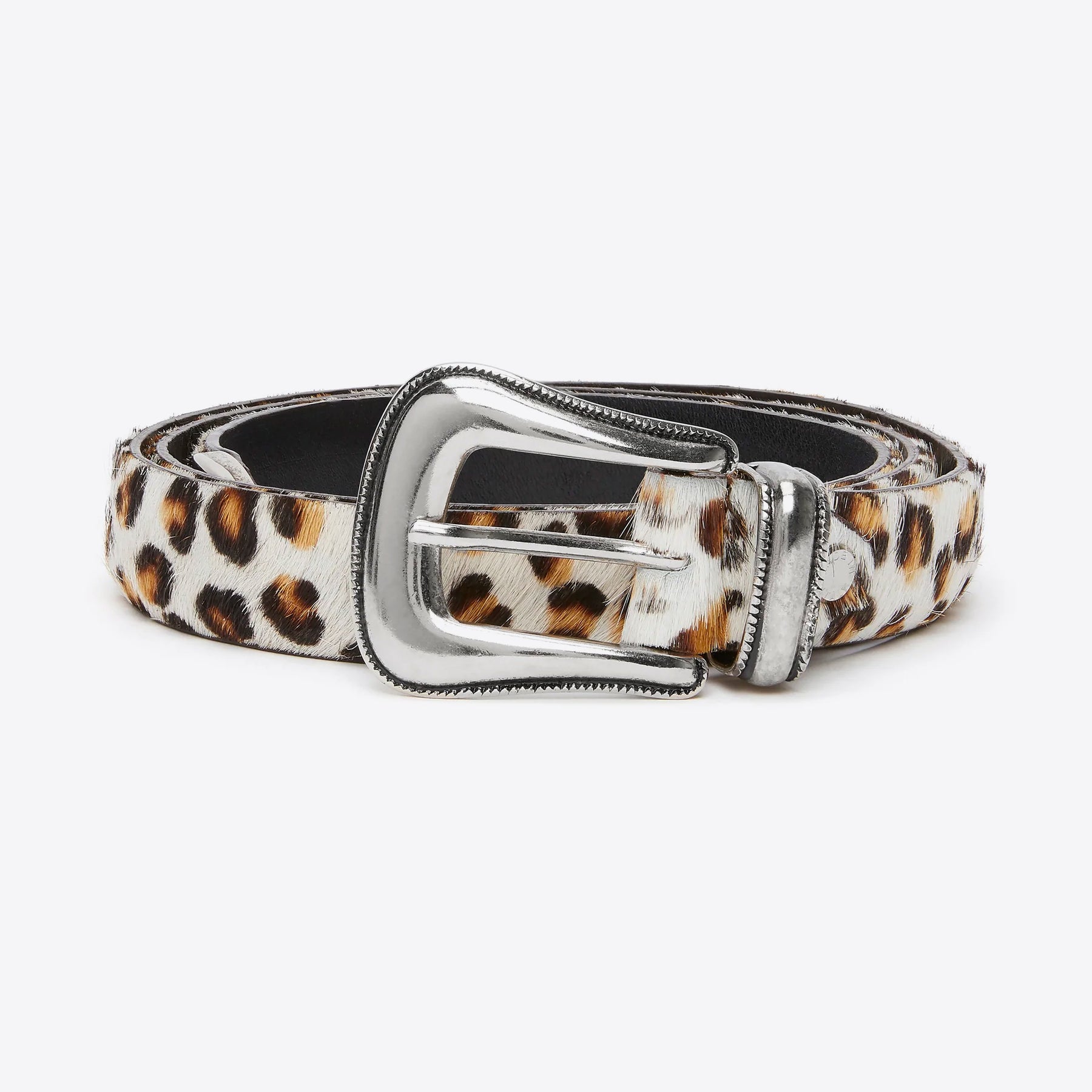 unique accessories for men. western leopard print pony hair belt with silver buckle