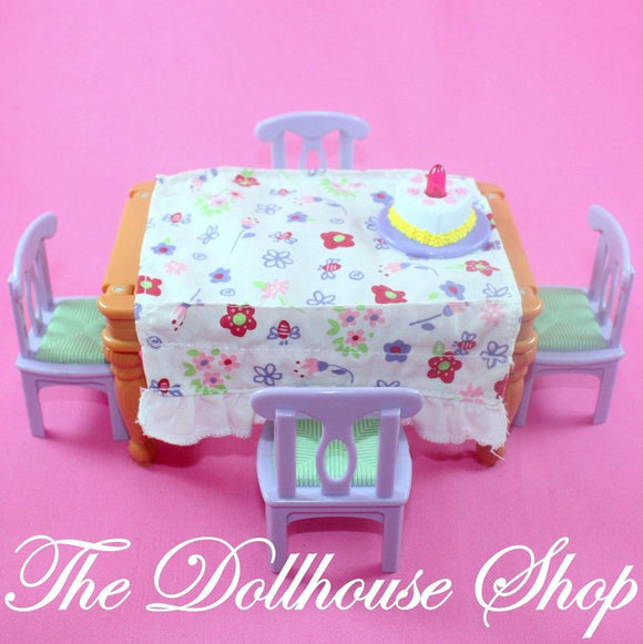 Fisher Price Loving Family Dollhouse Musical Celebrations Dining Table 4 chairs-Toys & Hobbies:Preschool Toys & Pretend Play:Fisher-Price:1963-Now:Dollhouses-Fisher-Price-Birthday Party Set, Dining Room, Dollhouse, Fisher Price, Kitchen, Loving Family, Sweet Sounds, table, Tables, Used-This table has a Birthday Party theme or it can be reversed / flipped over to be used for a Pizza Party Celebration. The center candle lights up and the table plays 2 different songs including Happy Birthday. Batt