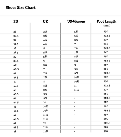 Fizik Road Shoe Size Chart