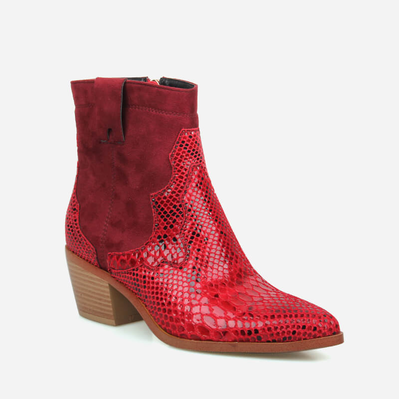 red snakeskin ankle boots