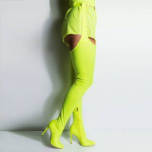 neon yellow thigh high boots