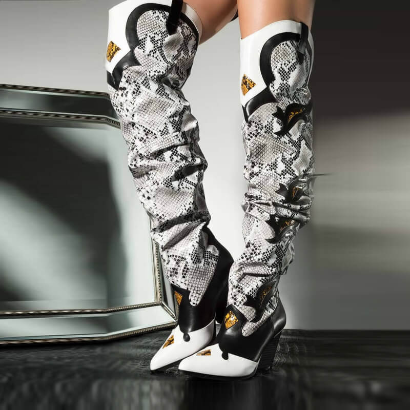 thigh high snake print boots