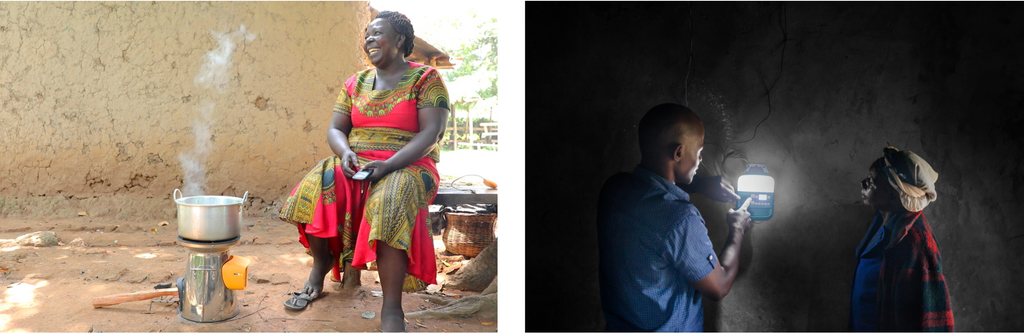 Side by Side Image of woman using homestove on left and two people using biolite solarhome 620 on right