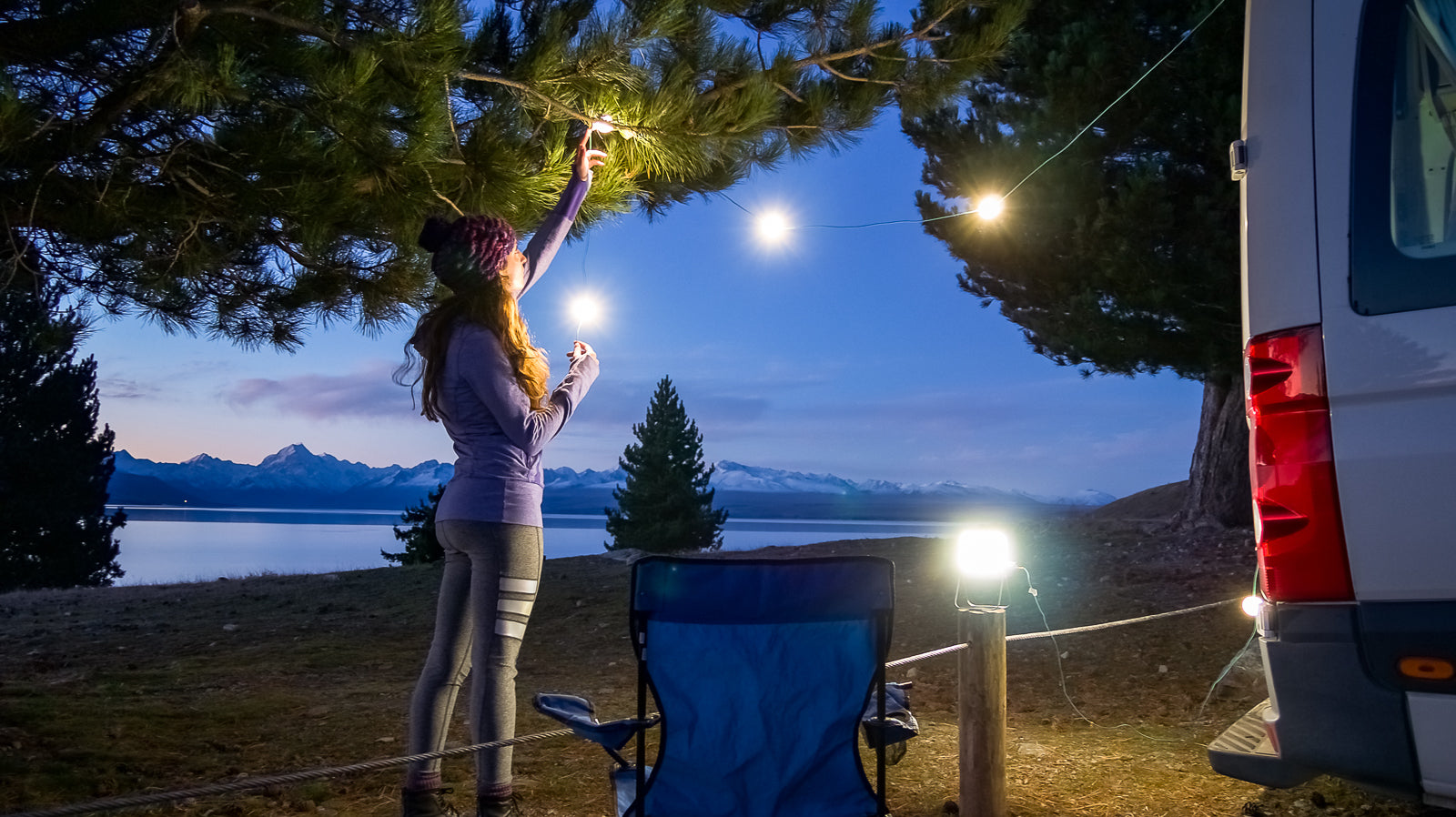 string lights around vanlife campsite