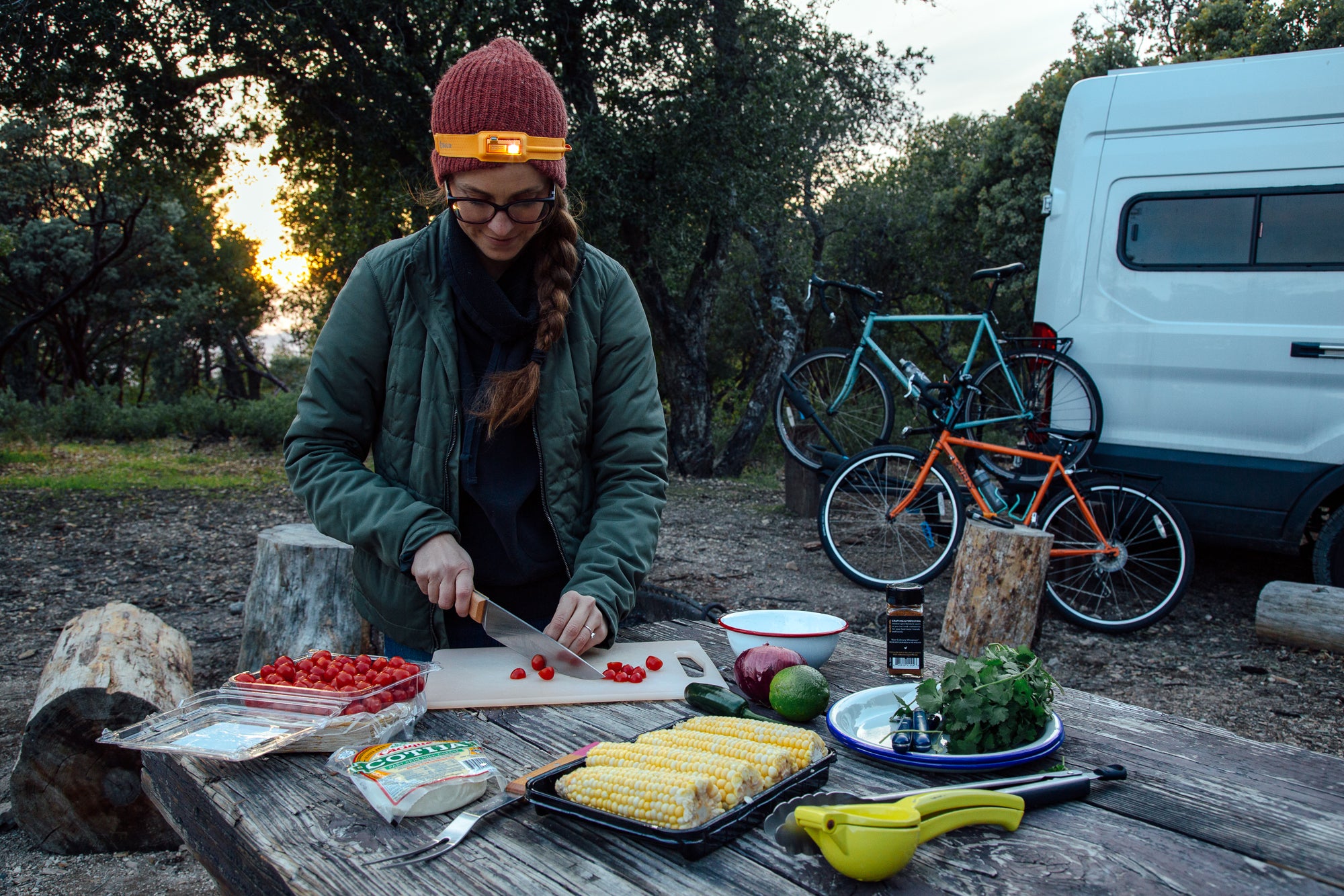 Camp cooking at night