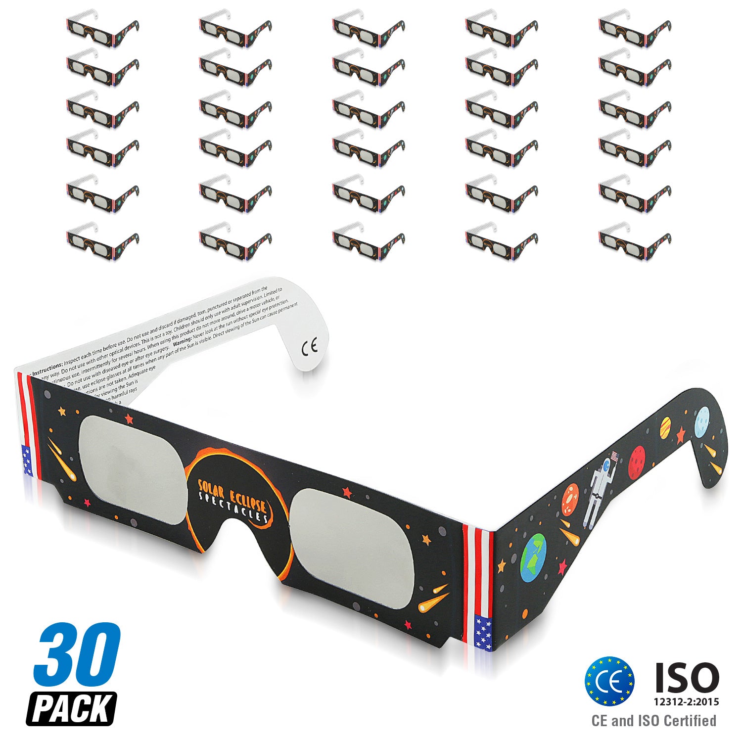Solar Eclipse Glasses - Bulk Total Eclipse Eyewear Glasses for Solar Eclipse Viewing - CE Approved & ISO Certified Safe for Direct Sun Viewing (30 pack)