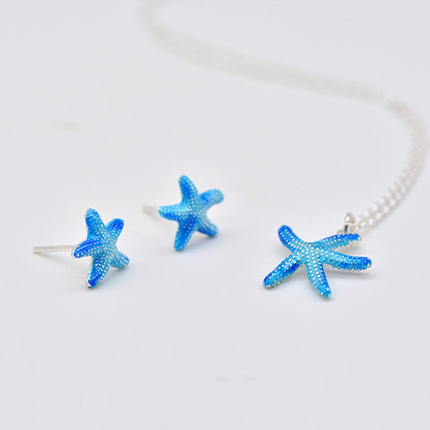 Sterling Silver Necklace Handmade Blue Starfish Pendant Charm Necklace Gift Jewelry Cute Accessories Women