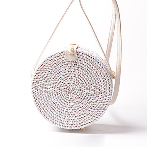 White Woven Wicker Circle Round Crossbody Beach Bags Purses